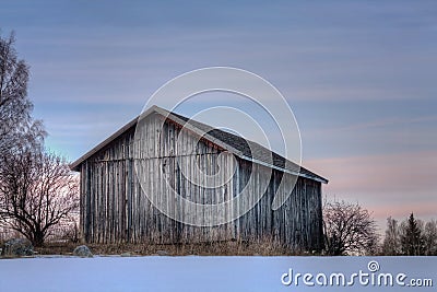 Grey old barn in evening sunset Stock Photo