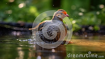Grey Partridge bathing in the river Stock Photo