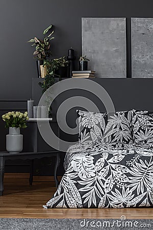 Grey patterned bedroom interior Stock Photo