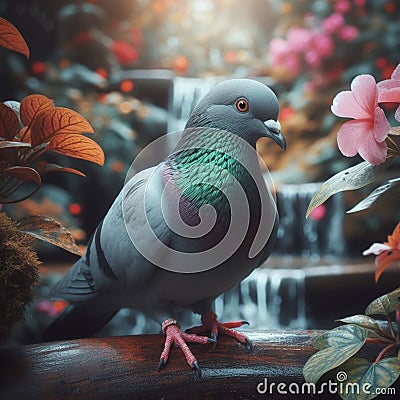 A grey pigeon perched on a rustling branch Stock Photo