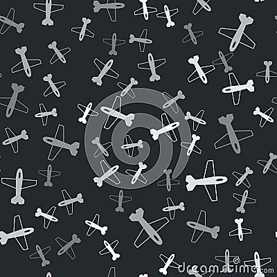Grey Plane icon isolated seamless pattern on black background. Flying airplane icon. Airliner sign. Vector Vector Illustration