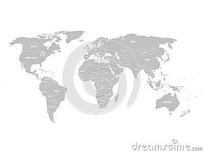 Grey political World map with country borders and white state name labels. Vector Illustration