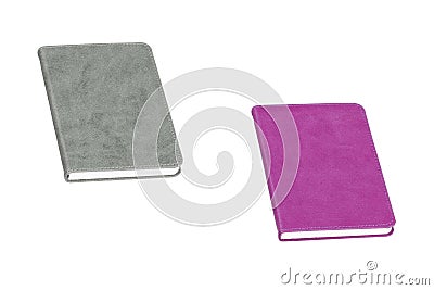 Grey and purple coloured pocket leather daily planners. Stock Photo