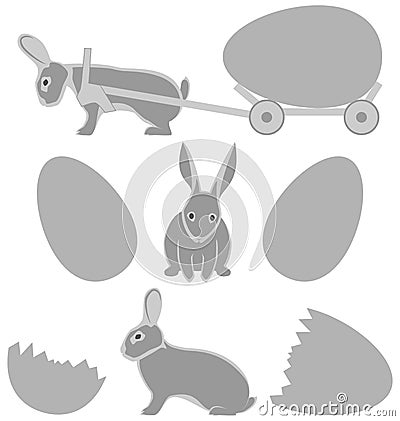 Grey rabbits with eggs on white Vector Illustration