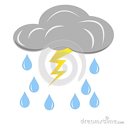 Grey rain cloud with lightning and raindrops. Vector design element isolated on light background. Vector Illustration