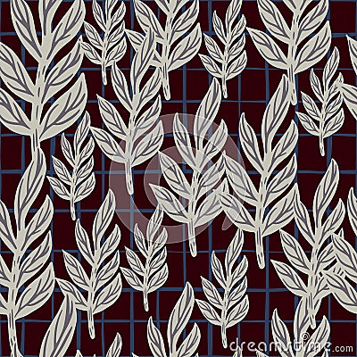 Grey random colored tropic leaves seamless doodle pattern. Brown background with check. Nature print Vector Illustration