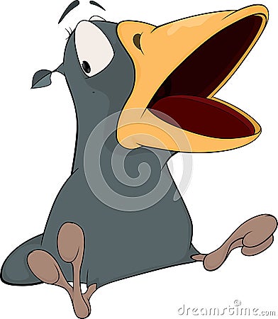 Grey raven with an open beak. Cartoon Vector Illustration