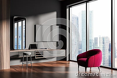 Grey relax room interior with tv and drawer with laptop, panoramic window Stock Photo