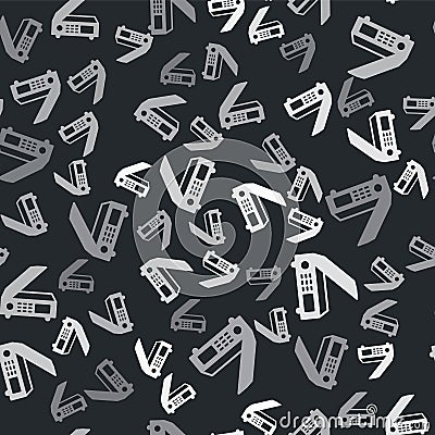 Grey Scanner icon isolated seamless pattern on black background. Scan document, paper copy, print office scanner. Vector Vector Illustration