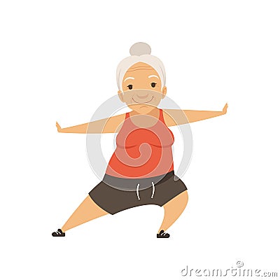 Grey senior woman doing sports, grandmother character doing morning exercises or therapeutic gymnastics, active and Vector Illustration