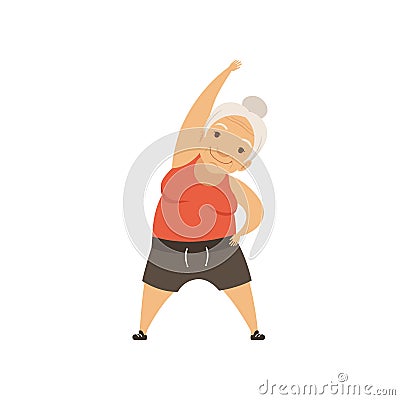 Grey senior woman in sports uniform doing incline to side, grandmother character doing morning exercises or therapeutic Vector Illustration