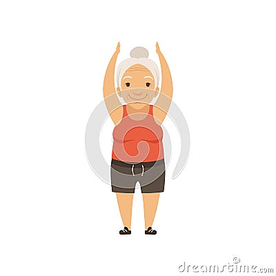 Grey senior woman in sports uniform standing with arms raised, grandmother character doing morning exercises or Vector Illustration