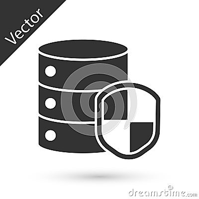 Grey Server with shield icon isolated on white background. Protection against attacks. Network firewall, router, switch Vector Illustration