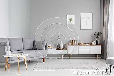 Grey settee near white cupboard in minimal living room interior Stock Photo