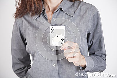 Grey shirt woman with ace card Stock Photo