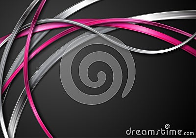 Grey silver and bright pink waves on black background Vector Illustration