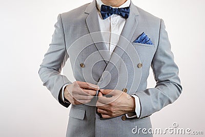 Grey suit plaid texture, bowtie, pocket square Stock Photo