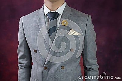 Grey suit plaid texture, double breasted Stock Photo