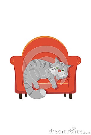 Grey tabby cat lying on a chair Vector Illustration