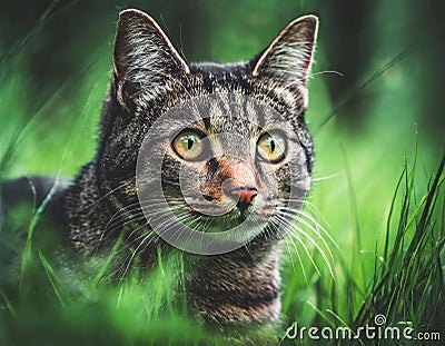 Grey tabby cat sitting in green grass pet photography Stock Photo