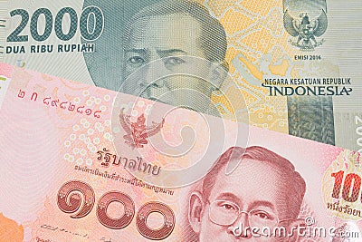 A grey two thousand Indonesian rupiah bank note paired with a red, one hundred baht note from Thailand. Stock Photo