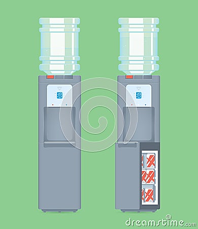 Grey water cooler with blue transparent bottle with water. Open and close refrigerator with cans. Vector Illustration