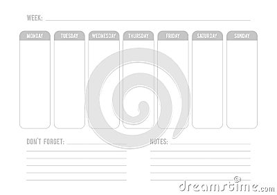 Grey weekly planner. Don`t forget and notes. Printable template. Vector illustration, flat design Vector Illustration