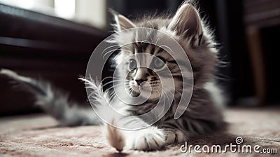 A grey and white kitten playing with a feather toy created with Generative AI Stock Photo