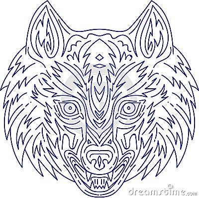Grey Wolf Head Mono Line Cartoon Illustration