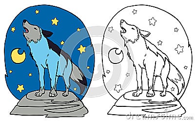 The grey wolf howling at the moon Cartoon Illustration