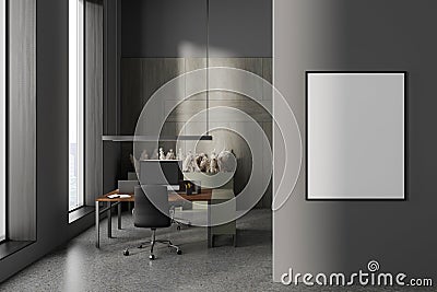 Grey workplace interior with pc computer near window and decor. Mockup frame Stock Photo