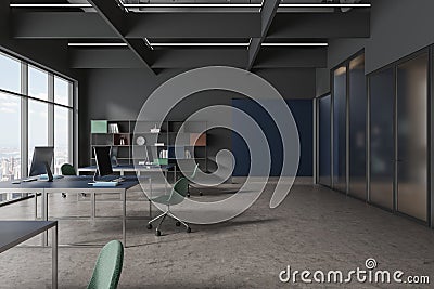 Grey workspace interior with pc computers and shelf, panoramic window Stock Photo
