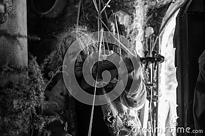 Greyscale image of an older bohemian man playing violin Stock Photo