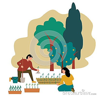 Gricultural workers planting crops. Farmer and his family working at farm Cartoon Illustration