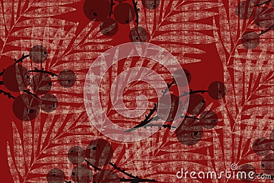 Grid berries and palm frond Japanese style cloth design background in indigo red overdye Stock Photo