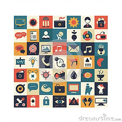 A grid of colorful icons with a retro design, each representing various concepts. Stock Photo