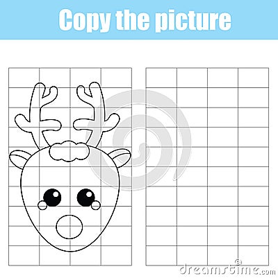 Grid copy children educational game, drawing kids activity, Christmas Vector Illustration