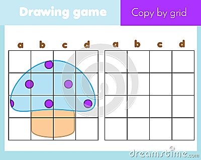 Grid copy worksheet. educational children game. Printable drawing activity for toddlers and kids. Draw mushroom Vector Illustration