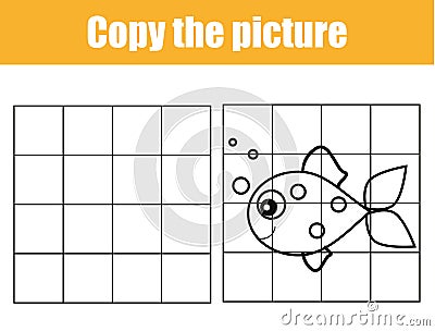 Grid copy worksheet. educational children game. Printable Kids activity sheet with fish. Copy the picture Vector Illustration