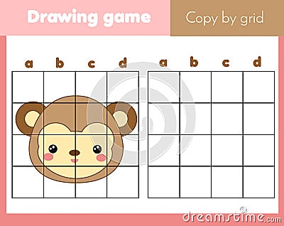 Grid copy worksheet. educational children game. Printable Kids activity sheet with monkey face. Copy the picture Vector Illustration
