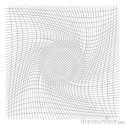 Grid, mesh of lines with circular spiral, twist, roll effect. Whorl, whirl, whirlpool pattern of perpendicular lines. Checkered Vector Illustration