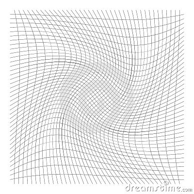 Grid, mesh of lines with circular spiral, twist, roll effect. Whorl, whirl, whirlpool pattern of perpendicular lines. Checkered Vector Illustration