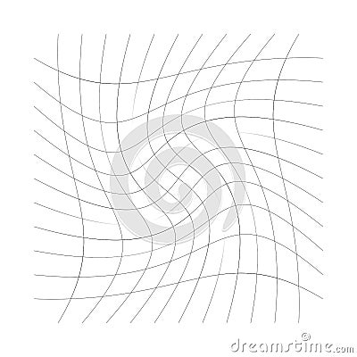 Grid, mesh of lines with circular spiral, twist, roll effect. Whorl, whirl, whirlpool pattern of perpendicular lines. Checkered Vector Illustration