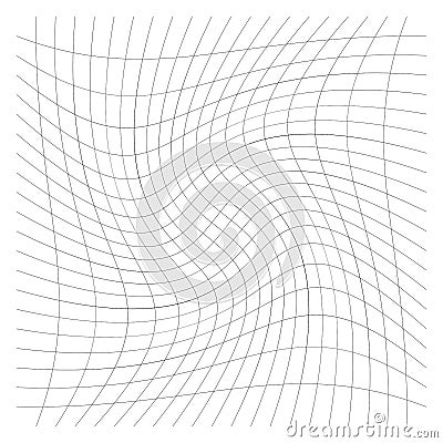 Grid, mesh of lines with circular spiral, twist, roll effect. Whorl, whirl, whirlpool pattern of perpendicular lines. Checkered Vector Illustration