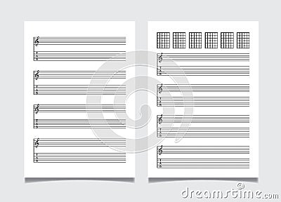 Grid paper music notation and tablature template for guitar, A4 size Vector Illustration