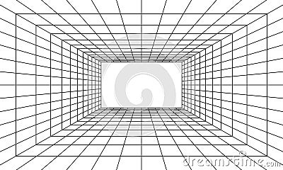 Grid room in perspective in 3d style. Indoor wireframe from black laser beam, digital empty box. Abstract geometric design Vector Illustration