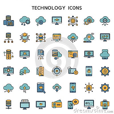 Grid of technology-themed icons, featuring imagery like databases, cloud computing Stock Photo