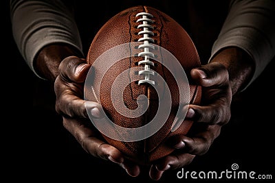 Gridiron Grip Close-Up: Detailed shot of an American football securely held in the hands of a focused football player Stock Photo