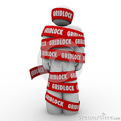 Gridlock Man Wrapped in Tape Immobile Person Bureaucracy Stoppage Stock Photo