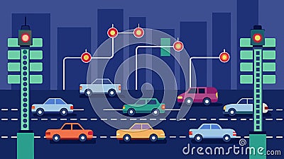 A gridlocked highway with datacontrolled traffic lights and predictive algorithms optimizing the flow of cars for Cartoon Illustration